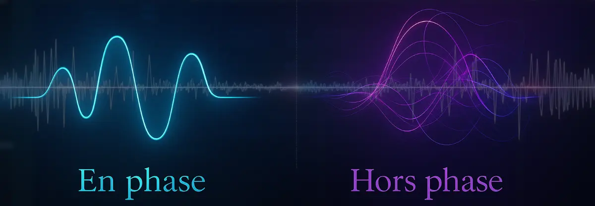 Comparaison visuelle entre une onde en phase et une onde hors phase, sur fond artistique et spectral