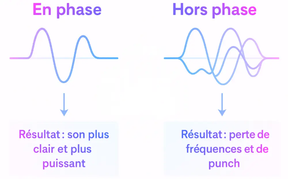 Schéma illustrant la différence entre une onde en phase et une onde hors phase avec leur impact sur le son