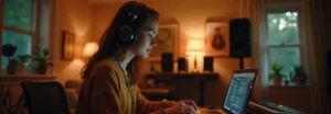 Jeune femme portant un casque studio, en train de composer de la musique assistée par ordinateur dans un home studio
